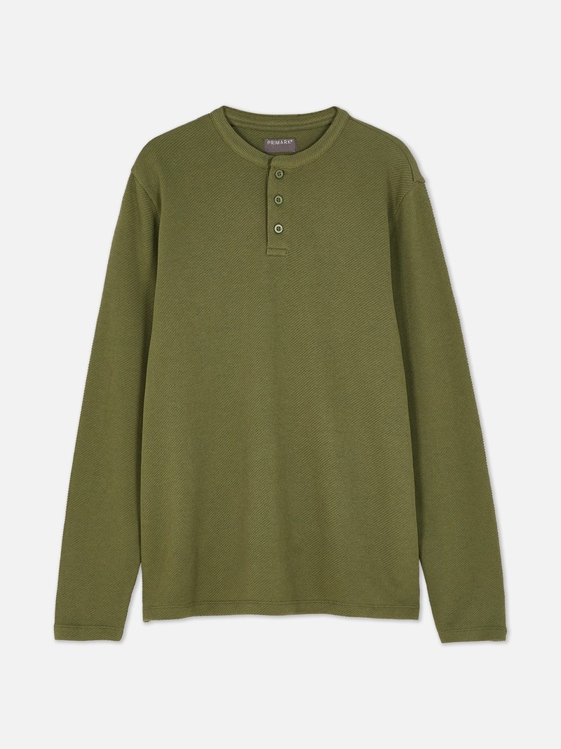 Tops Primark Textured Long Sleeve Henley Hombre Verde Oliva | 6098OZRGS