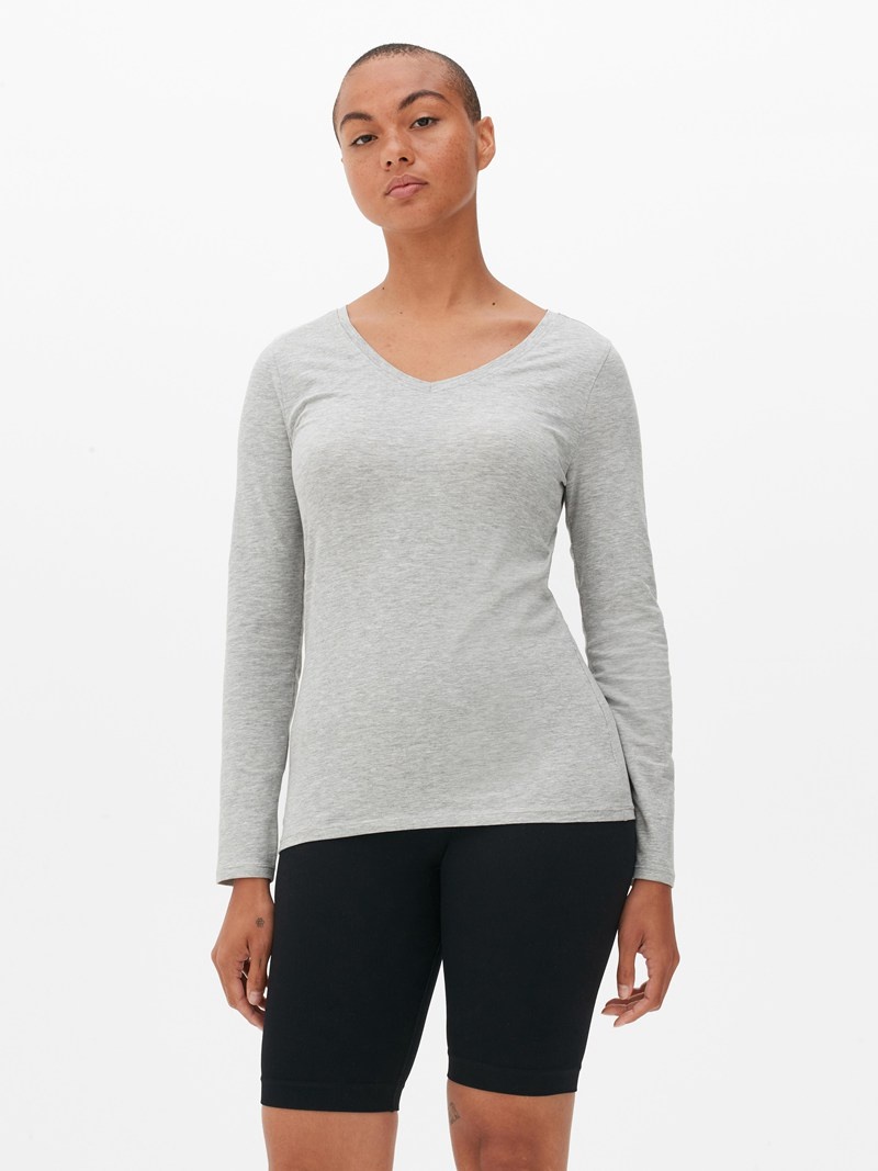 Tops Primark VNeck Long Sleeve Algodon Rich Mujer Gris | 1047ZUTPG