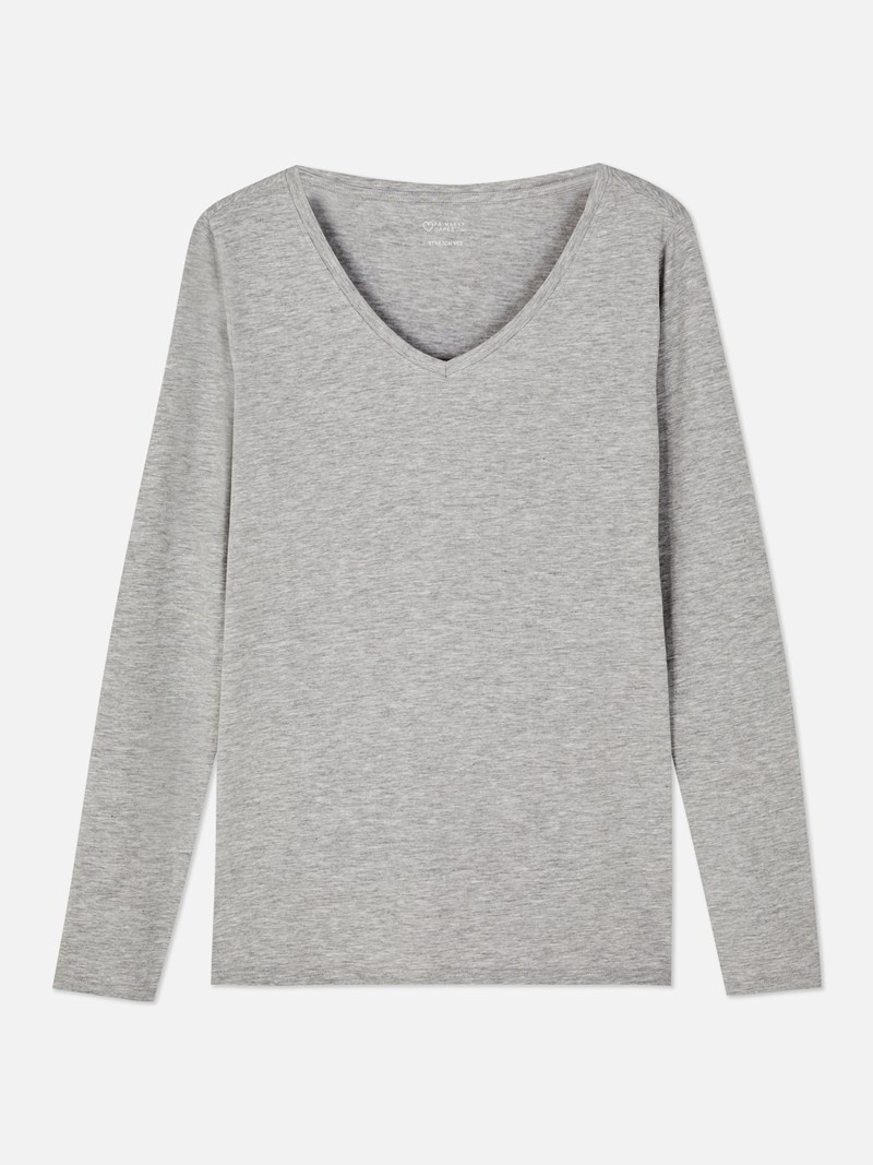 Tops Primark VNeck Long Sleeve Algodon Rich Mujer Gris | 1047ZUTPG