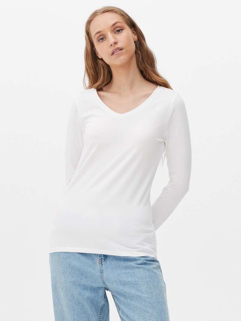 Tops Primark VNeck Long Sleeve Mujer Blancas | 5480JSBQT