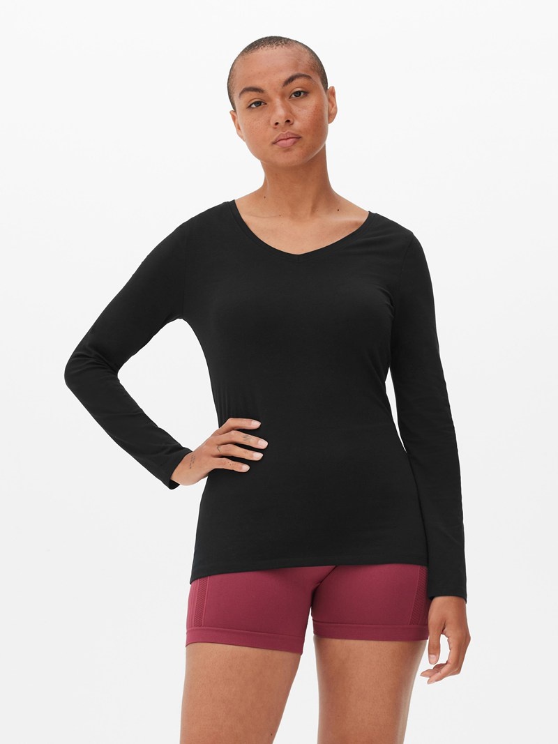 Tops Primark VNeck Long Sleeve Mujer Negras | 7819CTLEW