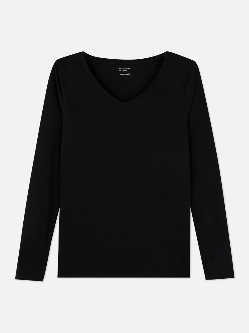 Tops Primark VNeck Long Sleeve Mujer Negras | 7819CTLEW