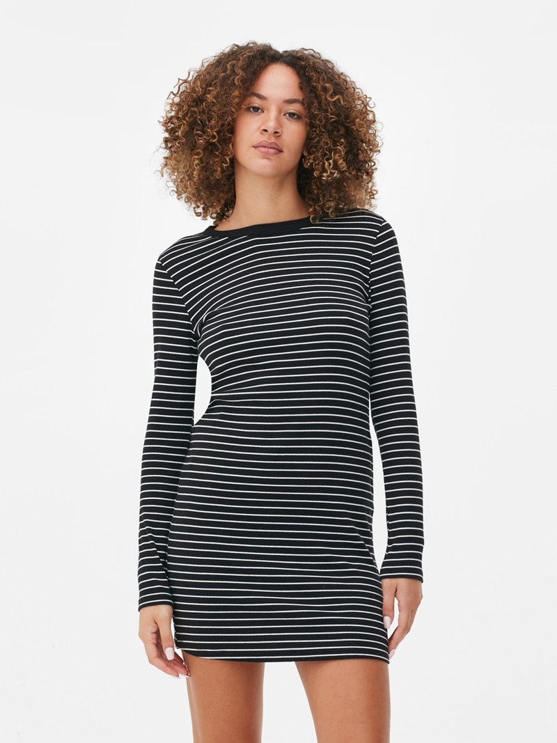 Vestido Primark Acanalado Long Sleeve Mini Mujer Negras Blancas | 7326OWSYB