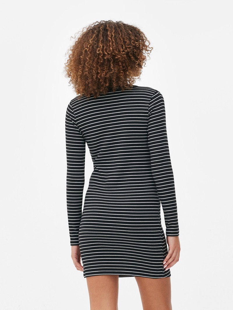 Vestido Primark Acanalado Long Sleeve Mini Mujer Negras Blancas | 7326OWSYB