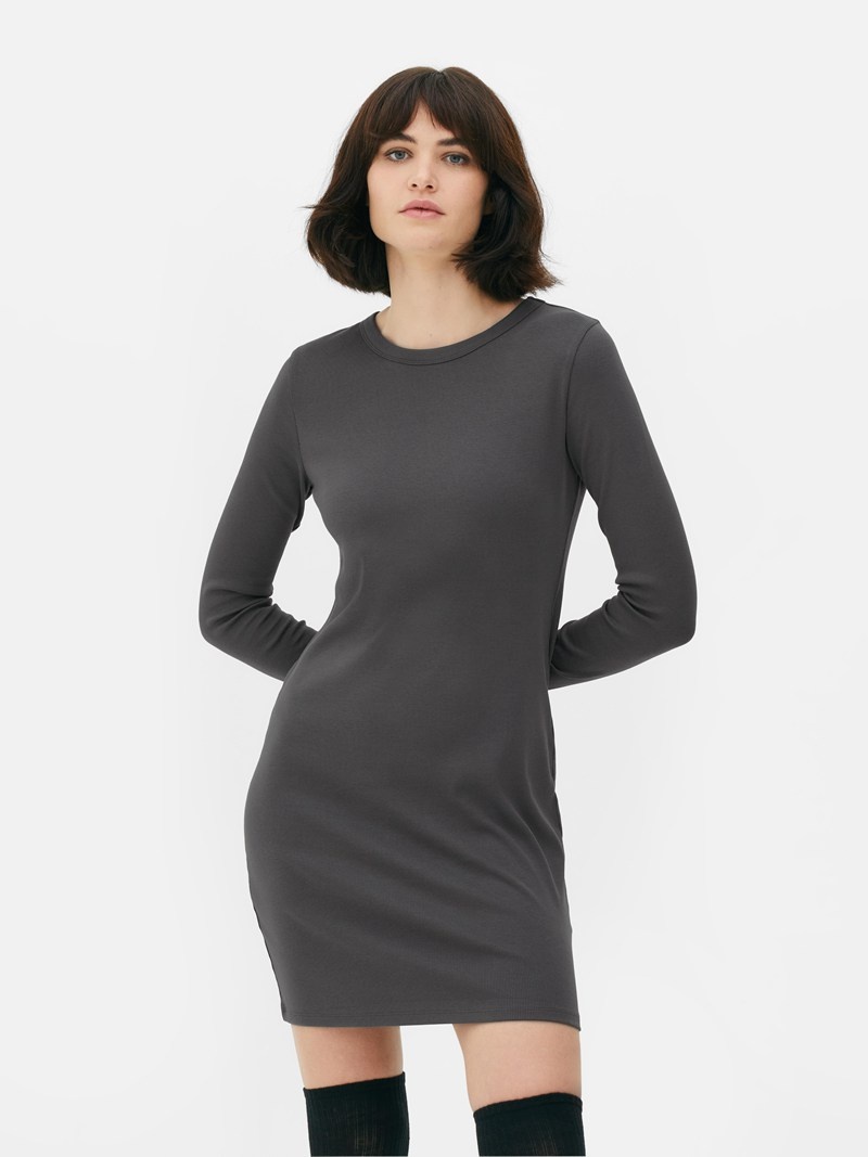 Vestido Primark Acanalado Long Sleeve Mini Mujer Gris | 1908UTKFA