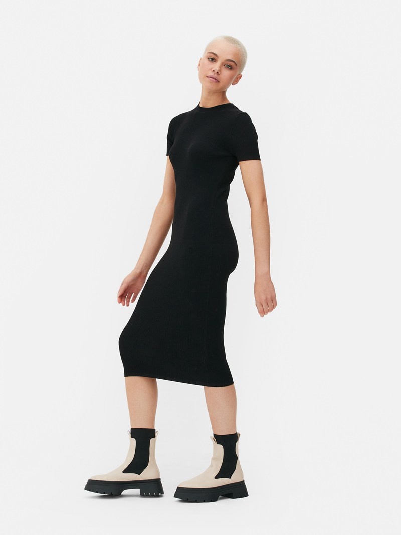 Vestido Primark Acanalado Sleeve Knit Midi Mujer Negras | 0173BTLYP