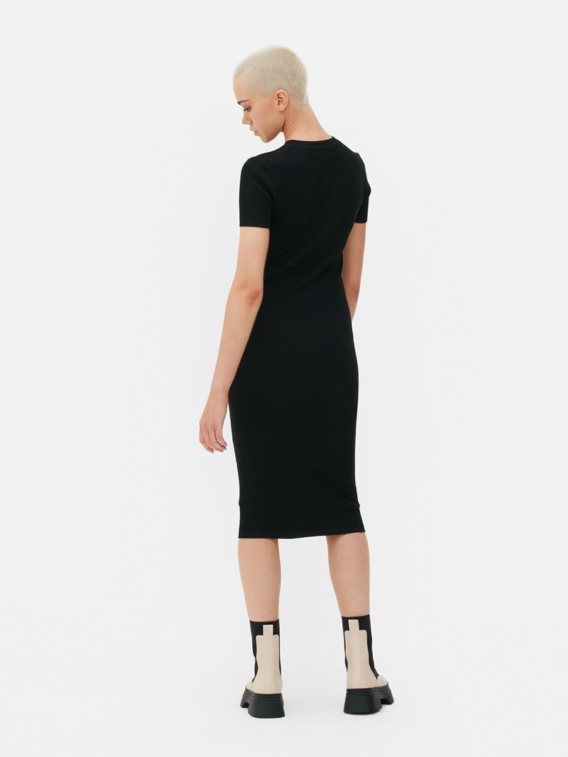 Vestido Primark Acanalado Sleeve Knit Midi Mujer Negras | 0173BTLYP