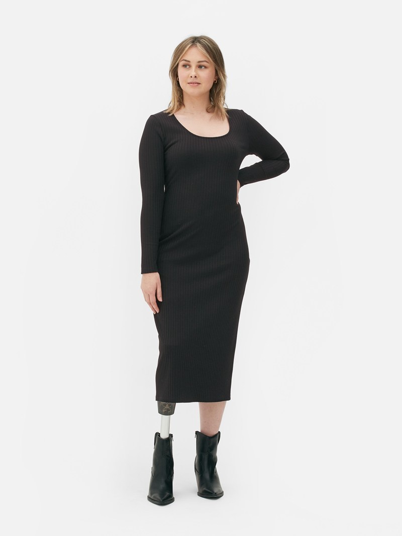 Vestido Primark Long Sleeve Acanalado Midi Mujer Negras | 2730VGYOI