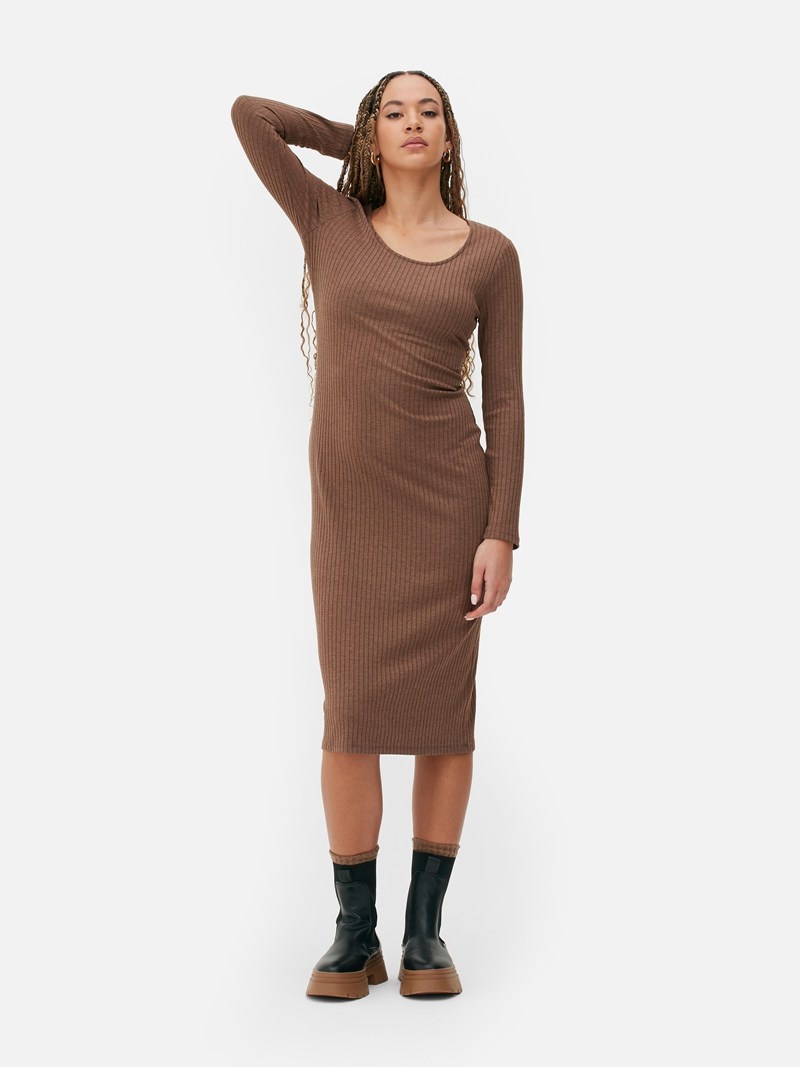 Vestido Primark Long Sleeve Acanalado Midi Mujer Marrones | 1759LEIXB