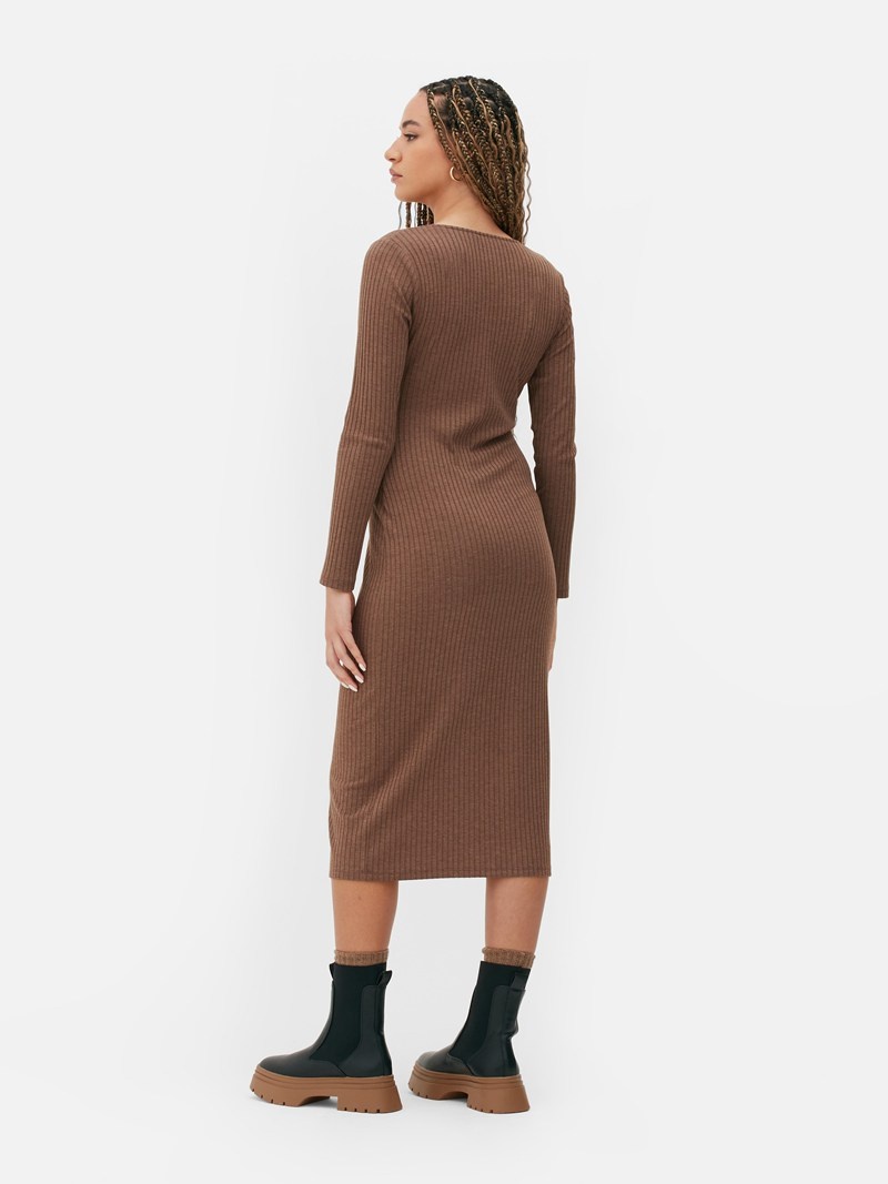 Vestido Primark Long Sleeve Acanalado Midi Mujer Marrones | 1759LEIXB