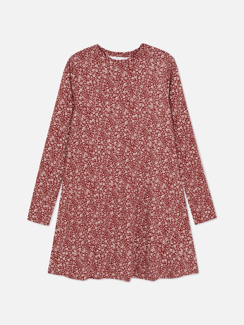 Vestido Primark Printed Long Sleeve Mini Mujer Burdeos | 9085LDAQU