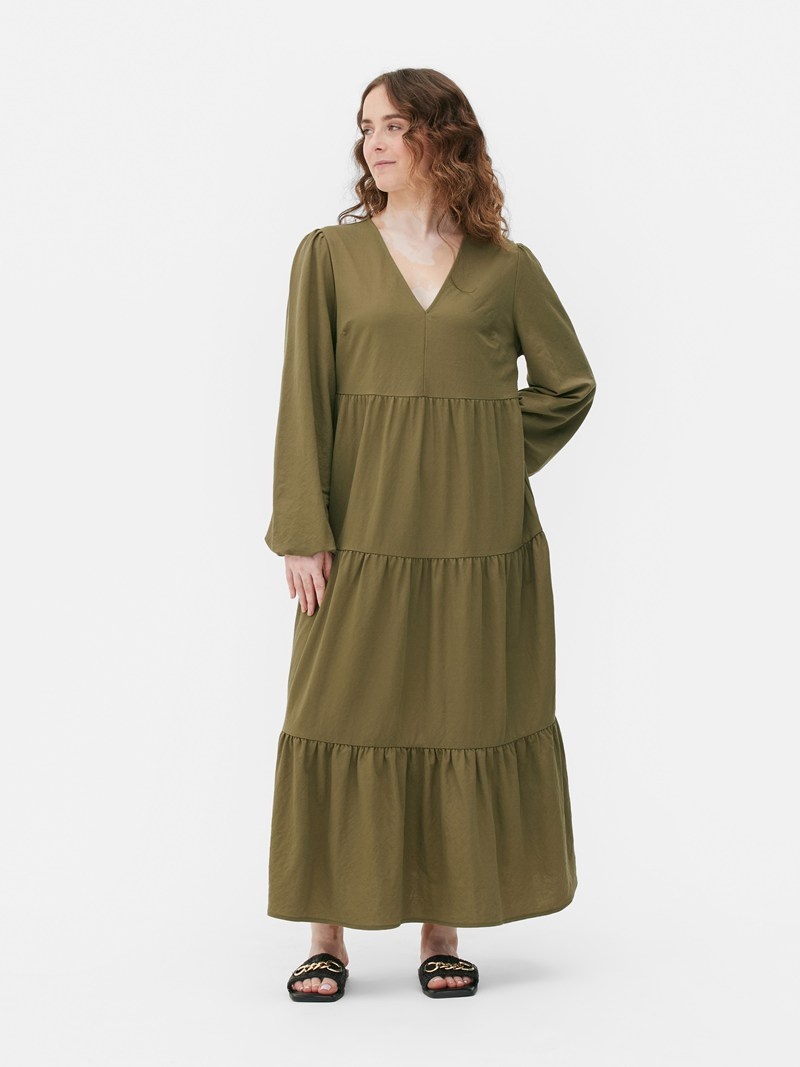 Vestido Primark VNeck Tiered Maxi Mujer Verde Oliva | 3916CYUEN