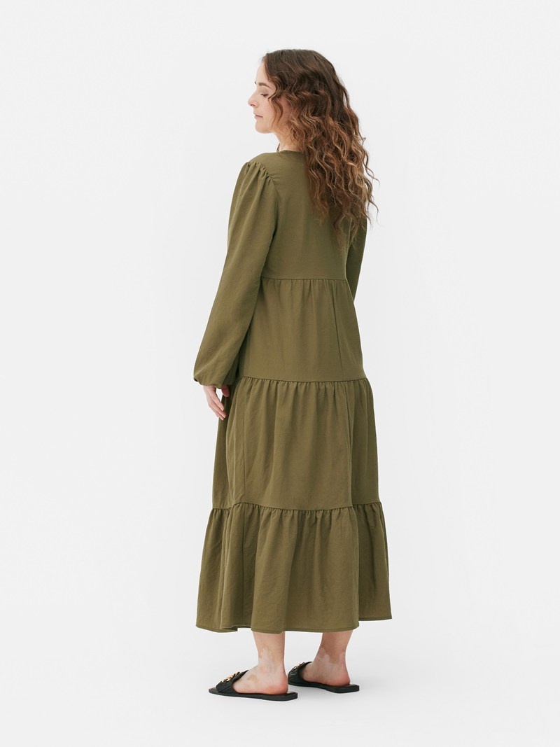 Vestido Primark VNeck Tiered Maxi Mujer Verde Oliva | 3916CYUEN