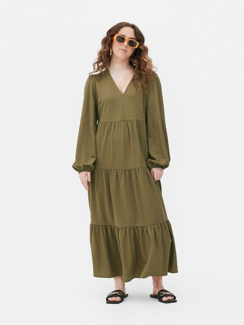 Vestido Primark VNeck Tiered Maxi Mujer Verde Oliva | 3916CYUEN